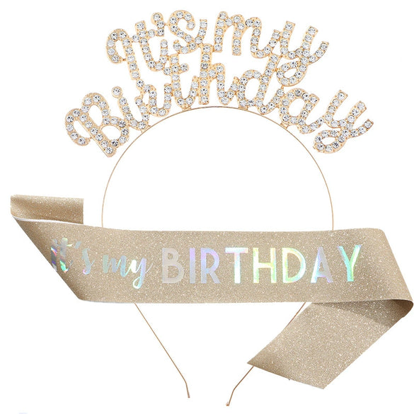 Birthday Hair Band Shoulder Belt Courtesy Belt Set Women's Headwear Hair Accessories Alloy Satin Glitter Cloth Electroplating Oil Dripping Hot Stamping