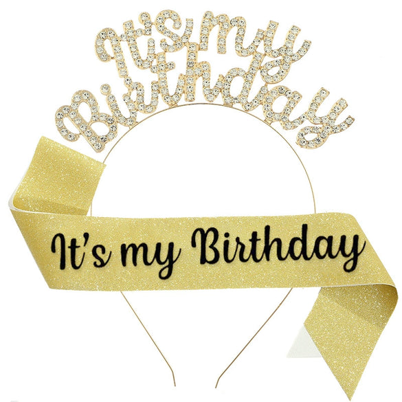Birthday Hair Band Shoulder Belt Courtesy Belt Set Women's Headwear Hair Accessories Alloy Satin Glitter Cloth Electroplating Oil Dripping Hot Stamping