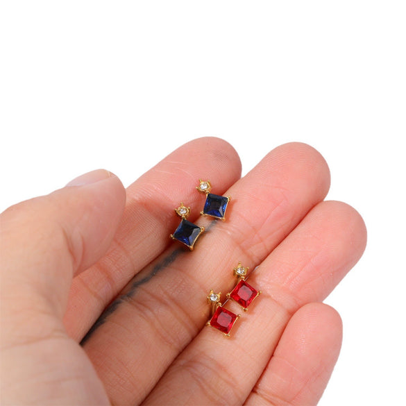 Birthstone Stud Earrings Geometric Style Titanium Steel Real Gold Electroplated For Women