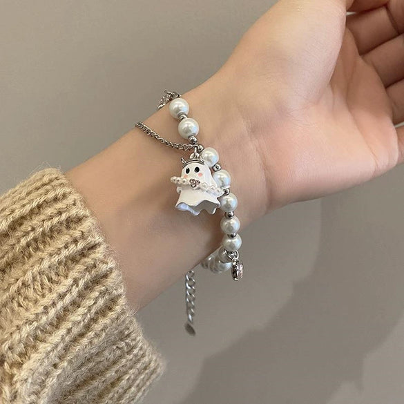 Black And White Ghost Beaded Bracelet In Electroplated Titanium Steel Cartoon Style Unisex Couple Jewelry
