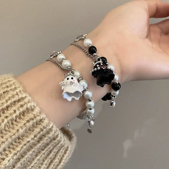 Black And White Ghost Beaded Bracelet In Electroplated Titanium Steel Cartoon Style Unisex Couple Jewelry