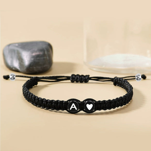 Black And White Heart Shaped Cord Braided Bracelet With Letter Design Hand Woven Simple Unisex Couple Bracelet