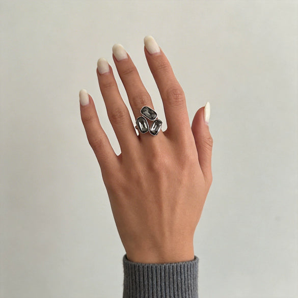 Black Diamond Geometric Square Open Rings In Polished Zinc Alloy Stackable Fashion Jewelry For Women And Unisex Wear