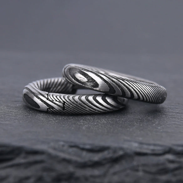Black Electroplated Damascus Steel Round Earrings With Stainless Steel Ear Posts Minimalist Geometric Unisex Jewelry