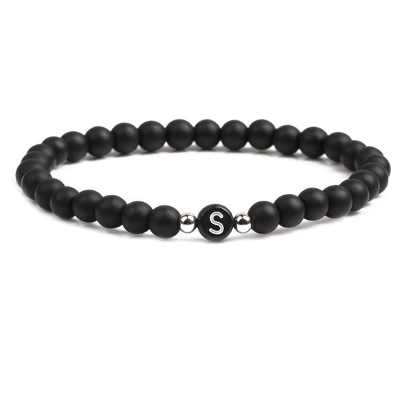 Black Frosted Volcanic Stone Beaded Bracelet With English Letter Pattern Electroplated