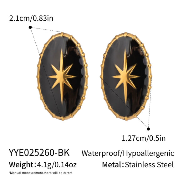 Black Gold Classic Star Oval Women's Stainless Steel Earrings And Ring With Electroplating Design