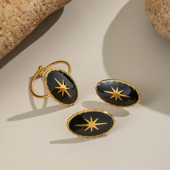 Black Gold Classic Star Oval Women's Stainless Steel Earrings And Ring With Electroplating Design