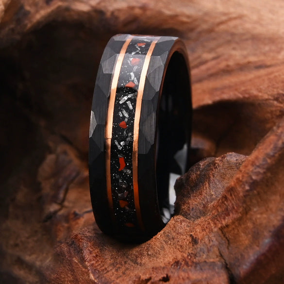 Black Tungsten Steel Ring With Dinosaur Fossil Inlay Electroplated Minimalist Geometric Unisex Jewelry