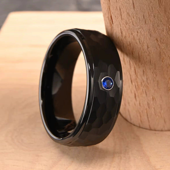 Black Tungsten Steel Ring With Smooth Surface Beveled Edges And Imitation Meteorite Fragment Inlay Minimalist Geometric Unisex Jewelry