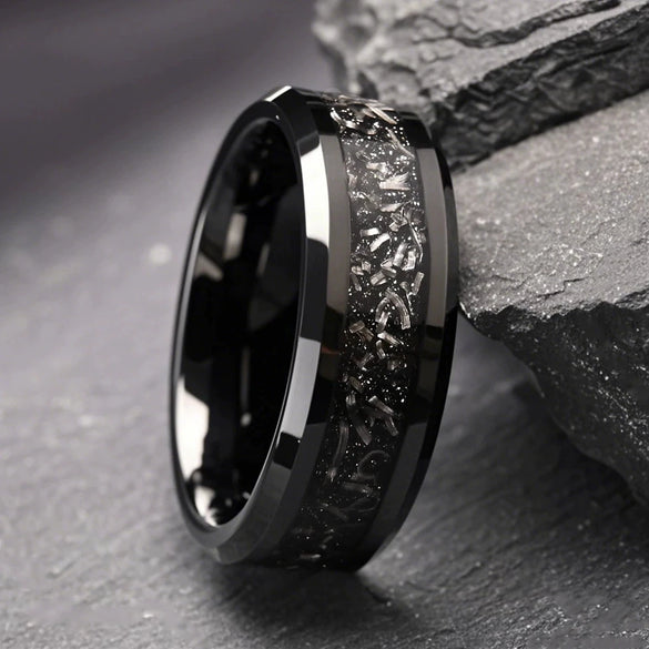 Black Tungsten Steel Ring With Smooth Surface Beveled Edges And Imitation Meteorite Fragment Inlay Minimalist Geometric Unisex Jewelry