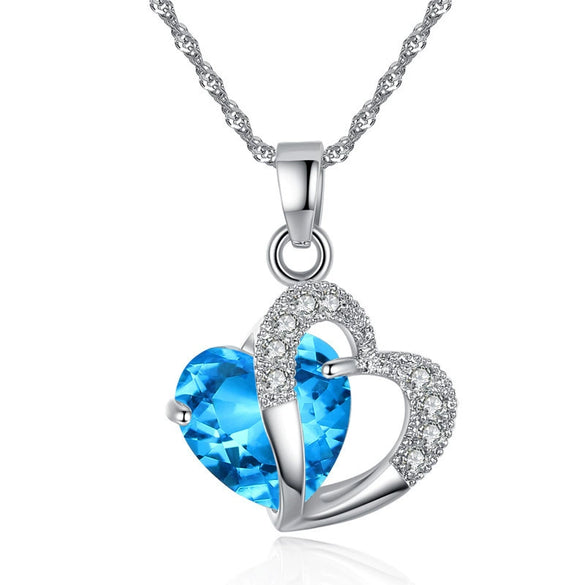 Blue And Purple Crystal Heart Pendant Necklace Geometric Alloy Design With Electroplated Finish And Girly Twotone Style