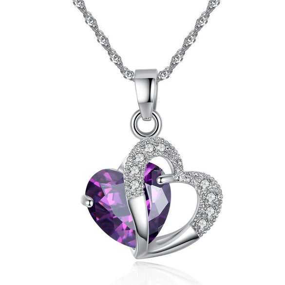 Blue And Purple Crystal Heart Pendant Necklace Geometric Alloy Design With Electroplated Finish And Girly Twotone Style