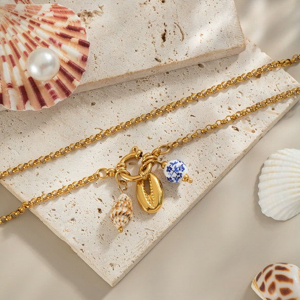 Blue And White Porcelain Conch Pendant Necklace For Girls Titanium Steel Geometric Pattern Electroplated