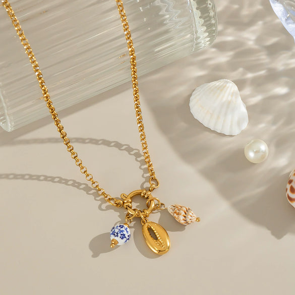 Blue And White Porcelain Conch Pendant Necklace For Girls Titanium Steel Geometric Pattern Electroplated