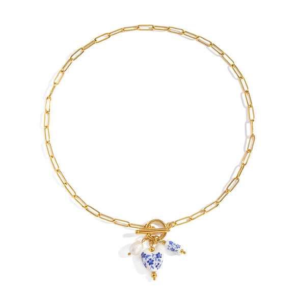 Blue And White Porcelain Flower Stainless Steel Jewelry Necklace With Dripping Oil Enamel And Electroplating Geometric Design