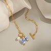 Blue And White Porcelain Flower Stainless Steel Jewelry Necklace With Dripping Oil Enamel And Electroplating Geometric Design