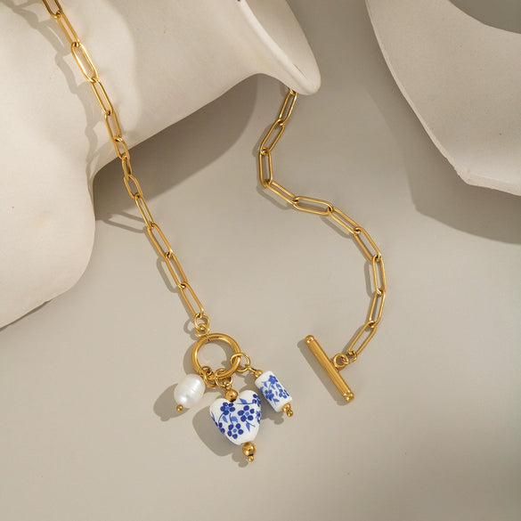 Blue And White Porcelain Flower Stainless Steel Jewelry Necklace With Dripping Oil Enamel And Electroplating Geometric Design