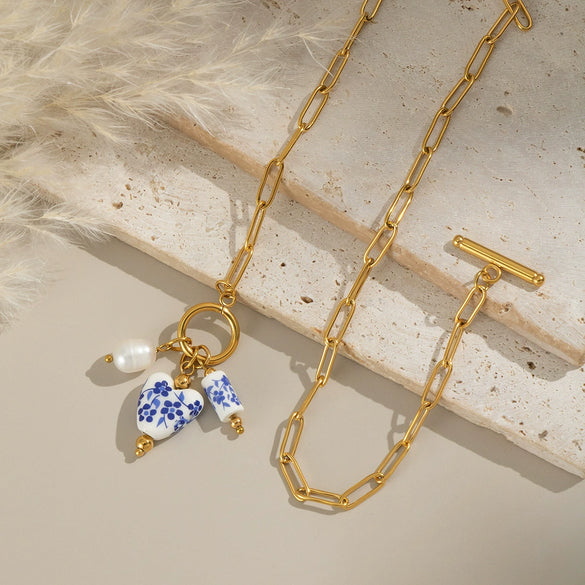 Blue And White Porcelain Flower Stainless Steel Jewelry Necklace With Dripping Oil Enamel And Electroplating Geometric Design