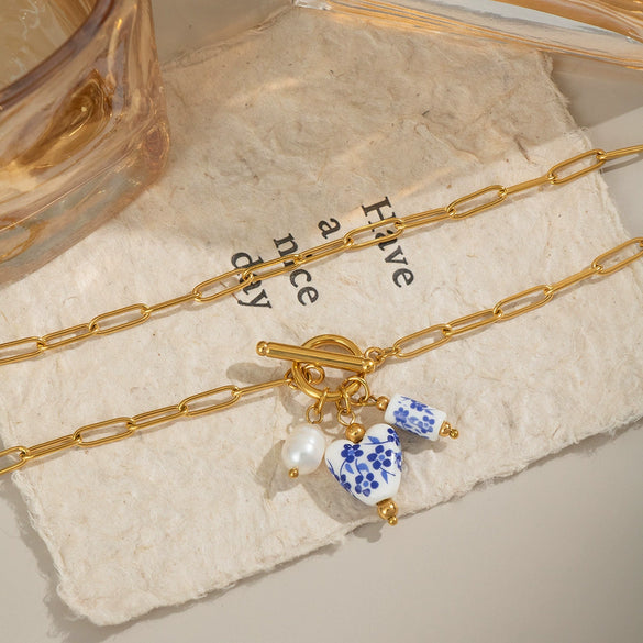 Blue And White Porcelain Flower Stainless Steel Jewelry Necklace With Dripping Oil Enamel And Electroplating Geometric Design