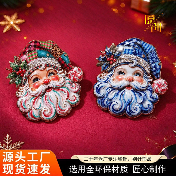 Blue And White Porcelaininspired Rhinestone Santa Claus Brooch With Glaze Drip Finish Electroplated Alloy Festive Pin