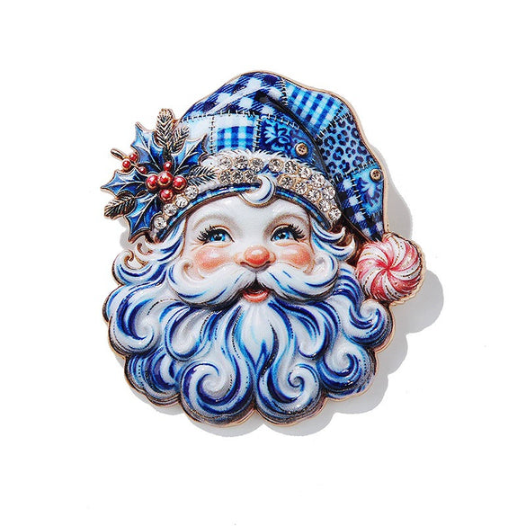 Blue And White Porcelaininspired Rhinestone Santa Claus Brooch With Glaze Drip Finish Electroplated Alloy Festive Pin