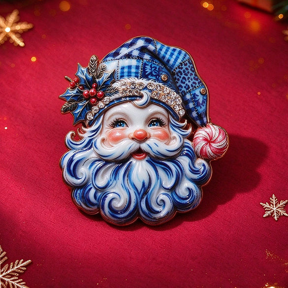 Blue And White Porcelaininspired Rhinestone Santa Claus Brooch With Glaze Drip Finish Electroplated Alloy Festive Pin