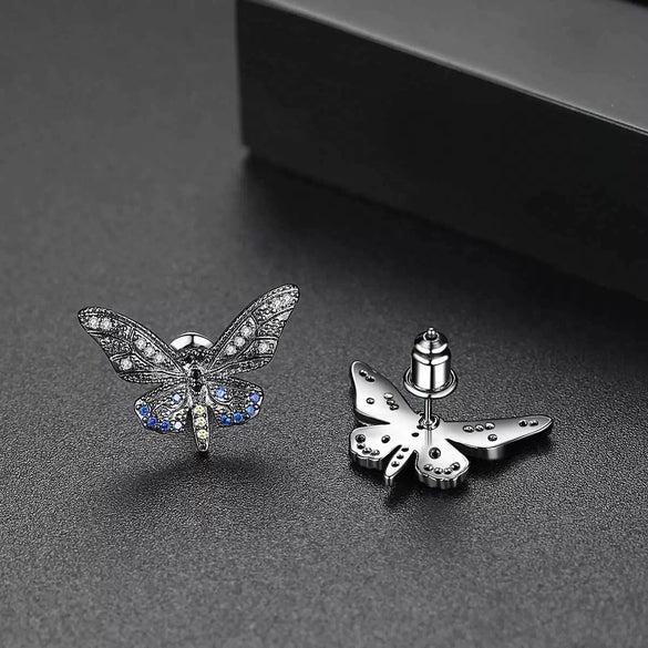 Blue Butterfly Stud Earrings With Zircon Accents Electroplated Copper Geometric Fashion Jewelry For Women