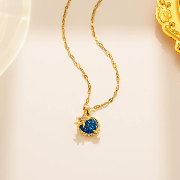 Blue Diamond Planet Titanium Steel Necklace With Electroplating Treatment Water Wave Chain Star And Constellation Pattern For Women