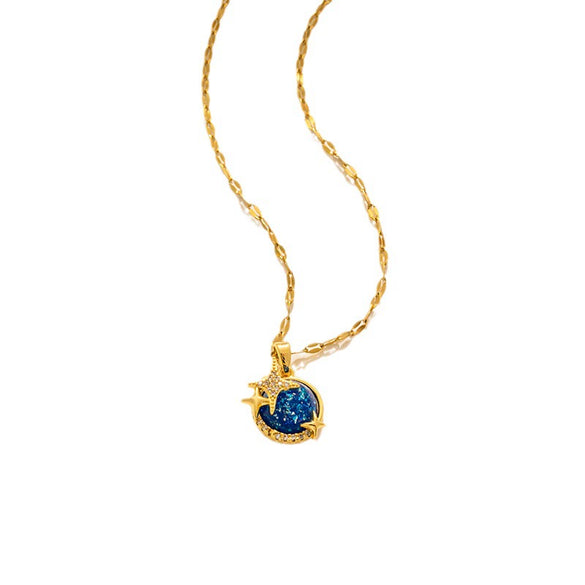 Blue Diamond Planet Titanium Steel Necklace With Electroplating Treatment Water Wave Chain Star And Constellation Pattern For Women