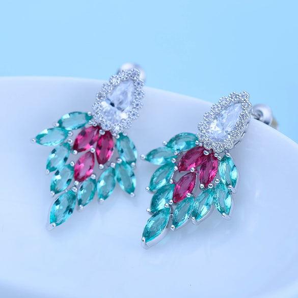 Blue Leafshaped Copper Zircon Earrings With Electroplated Finish For Women Fashion Jewelry