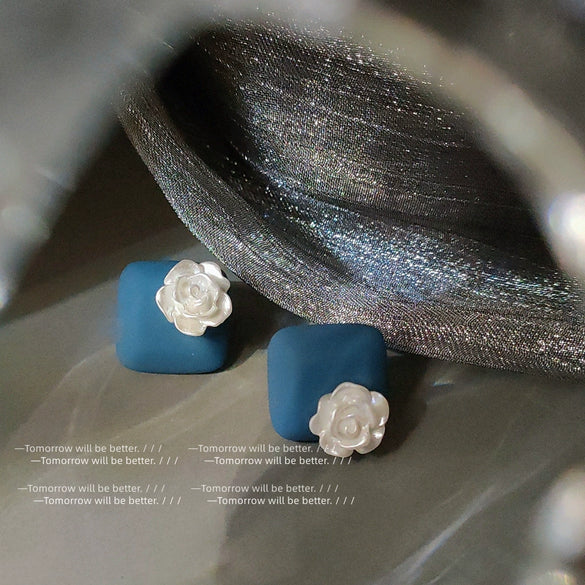 Blue Square Resin Rose Flower Stud Earrings For Women Electroplated Geometric Floral Fashion Earrings