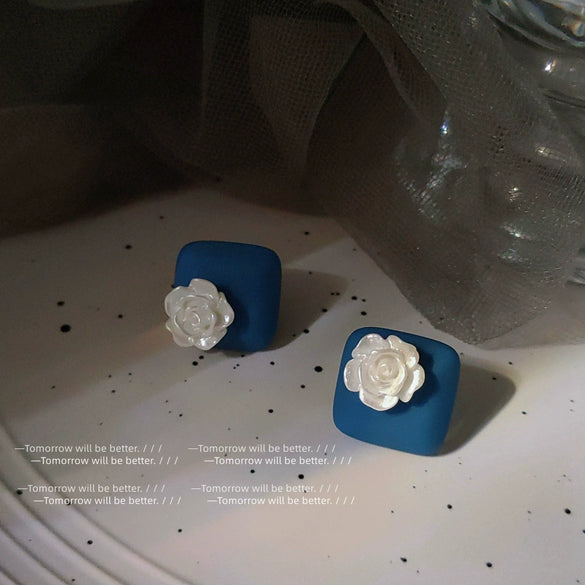 Blue Square Resin Rose Flower Stud Earrings For Women Electroplated Geometric Floral Fashion Earrings