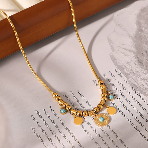 Blue Turquoise Round Pendant Necklace And Bracelet Fashion Light Luxury Accessories Titanium Steel 18K Gold Plated