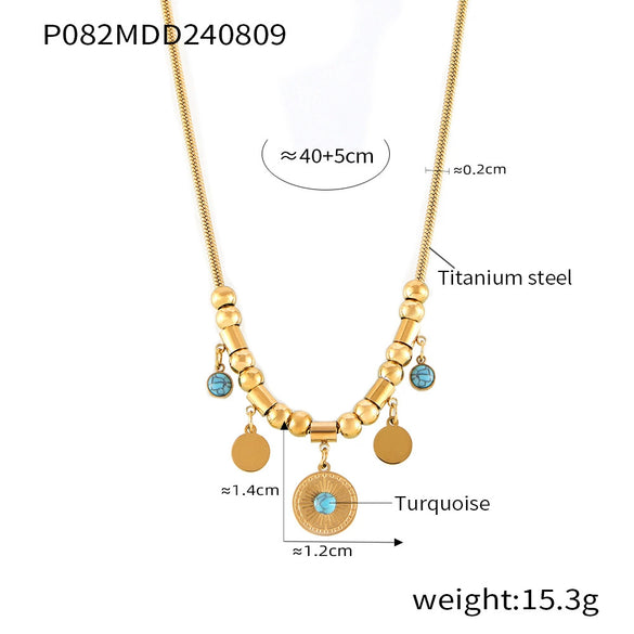 Blue Turquoise Round Pendant Necklace And Bracelet Fashion Light Luxury Accessories Titanium Steel 18K Gold Plated