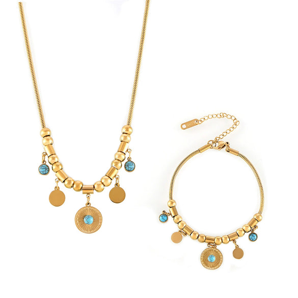 Blue Turquoise Round Pendant Necklace And Bracelet Fashion Light Luxury Accessories Titanium Steel 18K Gold Plated