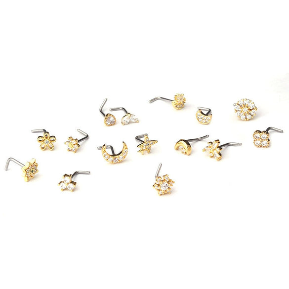 Body Piercing Jewelry Stainless Steel Glshaped Nose Ring With Microinlaid Zircon And Flower Pattern Electroplated For Women