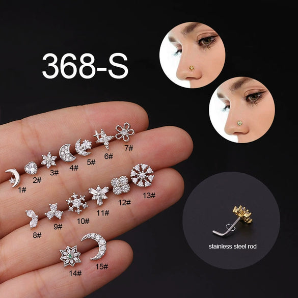 Body Piercing Jewelry Stainless Steel Glshaped Nose Ring With Microinlaid Zircon And Flower Pattern Electroplated For Women