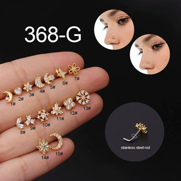 Body Piercing Jewelry Stainless Steel Glshaped Nose Ring With Microinlaid Zircon And Flower Pattern Electroplated For Women