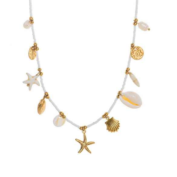 Bohemian Beach Shell Imitation Pearl Starfish Conch Pendant Necklace Stainless Steel Geometric Electroplated Jewelry For Women