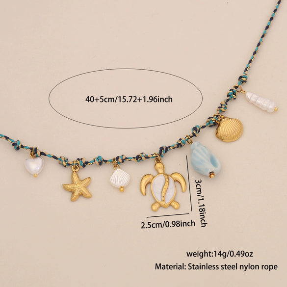 Bohemian Braided Handmade Stainless Steel Beach Jewelry With Starfish Conch Animal Zodiac Shapes Women's Necklace