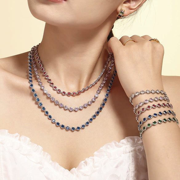 Bohemian Colorful Bead Zircon Necklace And Bracelet Titanium Steel Pvd Plated 18K Gold