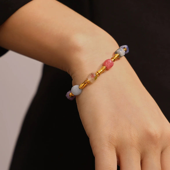 Bohemian Creative Dopamine Natural Stone Beaded Bracelet Titanium Steel Gold Plated Geometric Design