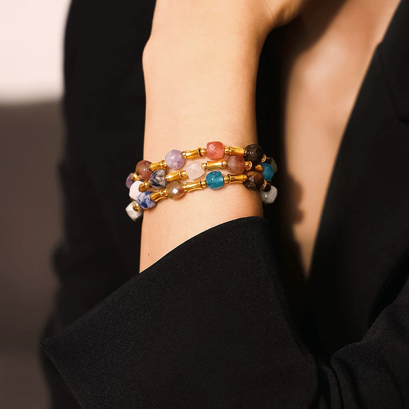 Bohemian Creative Dopamine Natural Stone Beaded Bracelet Titanium Steel Gold Plated Geometric Design