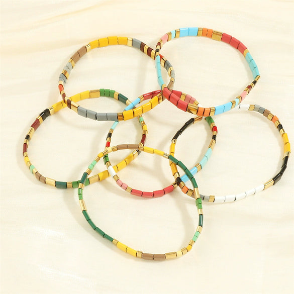 Bohemian Elastic Bracelet With Geometric Beads And Hand Painted Treatment Mixed Material