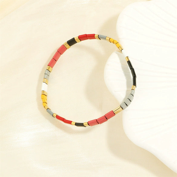 Bohemian Elastic Bracelet With Geometric Beads And Hand Painted Treatment Mixed Material