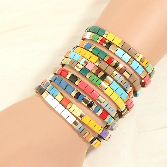 Bohemian Elastic Bracelet With Geometric Beads And Hand Painted Treatment Mixed Material