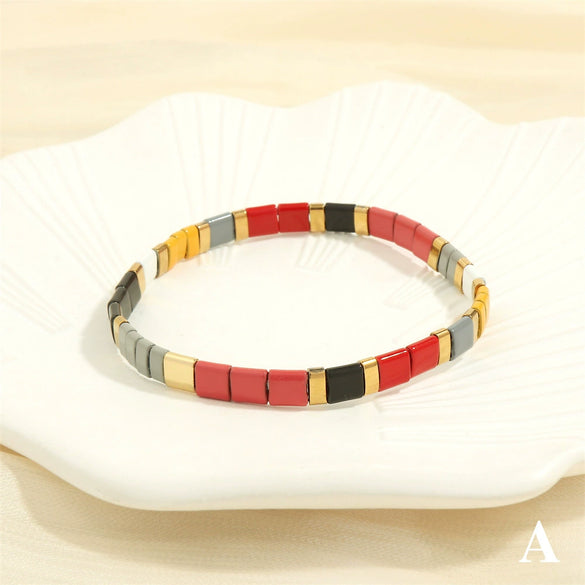 Bohemian Elastic Bracelet With Geometric Beads And Hand Painted Treatment Mixed Material