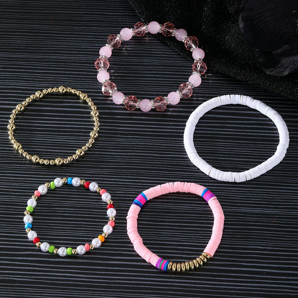 Bohemian Mixed Material Geometric Hand Knitted Elastic Rope Stacking Style Bracelet With Gold Beads