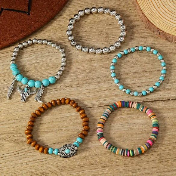 Bohemian Plastic Resin Geometric High Heels Multilayer Wooden Beads Handstring With Electroplating