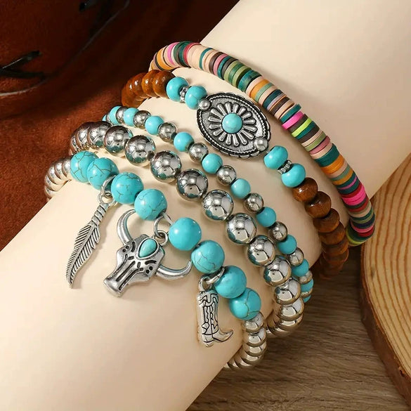 Bohemian Plastic Resin Geometric High Heels Multilayer Wooden Beads Handstring With Electroplating
